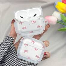 1pc Cute Pink Bow Print Clear Frosted Earphone Case,Soft Silicone Protective Cover With Keychain Hole For AirPods4 1/2/3/Pro - Multicolor - View 3