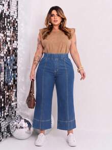 Plus Size Deep Blue Elastic Waist 8/10 Length Wide Leg Denim Jeans With Front Vertical Split Line And Cuffed Hem Casual Pants - Dark Wash - View 2