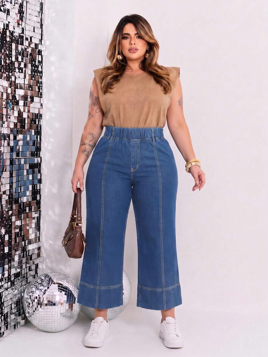 Plus Size Deep Blue Elastic Waist 8/10 Length Wide Leg Denim Jeans With Front Vertical Split Line And Cuffed Hem Casual Pants