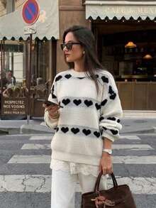 Heart Pattern Colorblock Knit Sweater For Women, Crew Neck, Loose Fit, Long Sleeves, White And Black, Casual Winter Outfits Pullover - White - View 1