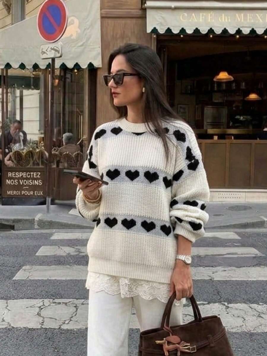 Heart Pattern Colorblock Knit Sweater For Women, Crew Neck, Loose Fit, Long Sleeves, White And Black, Casual Winter Outfits Pullover - White - View 1