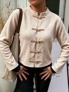 SEREN Women's New Chinese-Style Knit Cardigan, Napoleon Style, Autumn/Winter Sweater Jacket, Suitable For Daily Wear - Apricot - View 4