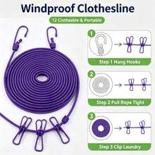 1pc Windproof Clothesline With 12 Clips, Portable Durable Retractable, Anti-Sag Design, Suitable For Indoor/Bathroom (Wall-Mounted Space-Saving) And Outdoor, Perfect For Travel, Camping And Holidays, Back To School Essential - Multicolor - View 9