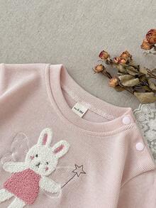 2Pcs/Set Baby Girl Cute Rabbit Applique Embroidery Round Neck Long Sleeve Top & Fine Plaid Long Pants Casual Outfit - Pink - View 8