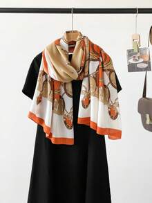 1PcVintage Chain Print Large Scarf, Soft Faux Cashmere Warm Shawl Wrap, Retro Old Money Style Fashion Neck Scarf For Women - Multicolor - View 7