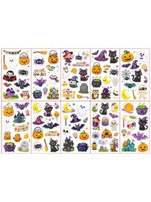10 Sheets, With 116pcs Halloween Cartoon Element Pattern Temporary Tattoo Stickers, Featuring Pumpkin, Vampire, Zombie, Bat, And Spider Designs, Waterproof And Lasts 2-5 Days, Suitable For Parties - Multicolor - View 2