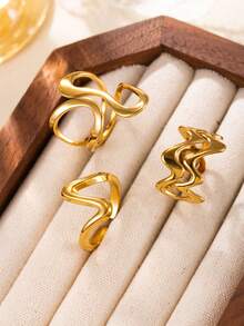 3pcs Minimalist Fashion Stainless Steel Gold Ring Set, Curved Hollow Open Design, Suitable For Women's Daily, Date, Engagement, Wedding, Halloween, Saudi National Day - Gold - View 6