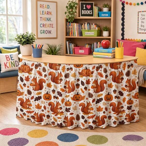 1pc Halloween, Christmas Party Decoration Tablecloth, Rectangular Table Skirt, Autumn Harvest Thanksgiving Theme, Featuring Cute Squirrel, Pumpkin, Acorn And Fallen Leaves Print, Perfect For Various Holiday Parties, Garden Afternoon Tea, Wedding Dessert Table