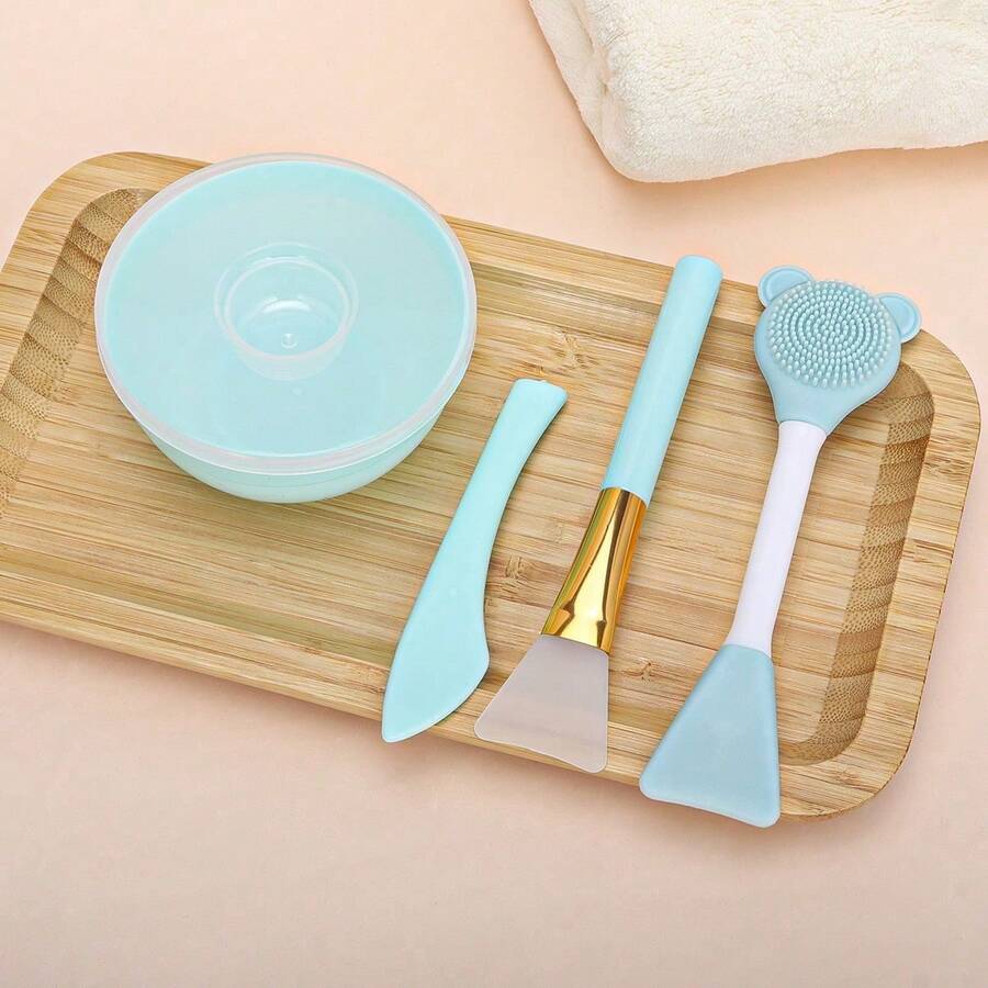1pc Mask Bowl With Lid + 1pc Mask Stick + 1pc Silicone Brush With Handle + 1pc Multi-Functional Double-Head Brush, DIY Mask Mixing Bowl Set, Makeup Tools, Mask Mixing Tools, Suitable For Travel - Multicolor - View 1
