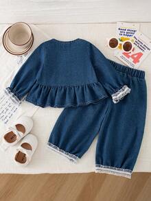 Autumn/Winter French Sweet Lace Denim Set & Baby Girl Doll-Style Denim Cardigan & Lace Patchwork Lantern Denim Pants & Versatile Casual 2-Piece Set - Blue - View 2