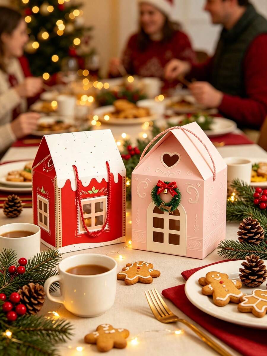 1pc Christmas House Shaped Gift Box With Handle, Cartoon Christmas Tree & Snowman Pattern Gift Packaging Box, Includes Gift Tag, Christmas Window Display Design Paper Dessert Box, Suitable For Winter Holiday Christmas Party Favors