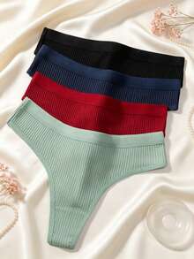 6pcs Women's Ribbed Thong Panties, Loose Fit With Elastic Waistband, Suitable For Bodysuits, Daily Home Wear Underwear Set - Multicolor - View 4
