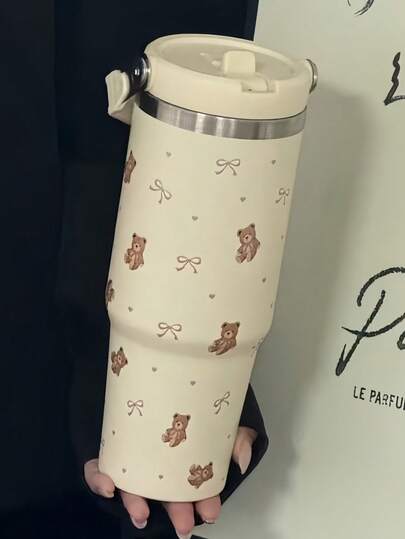 SCALON Copo de Água com Canudo de Grande Capacidade 30oz/900ML, Estampa de Urso Arco, Branco Creme, Caneca de Viagem com Tampa Pop-Up de Um Clique, À Prova de Vazamentos, Alça Dobrável, Design Portátil, Retenção de Frio e Calor de Longa Duração, Adequado para Escola, Campus, Deslocamento, Compras, Camping, Garrafa Térmica a Vácuo, Garrafa Isolada, Copo, Conjunto de Utensílios para Bebidas, Caneca de Café, Copo de Bottom Plano, Garrafa de Água, Garrafa Isolada para Bebidas Quentes e Frias com Tampa e Canudo