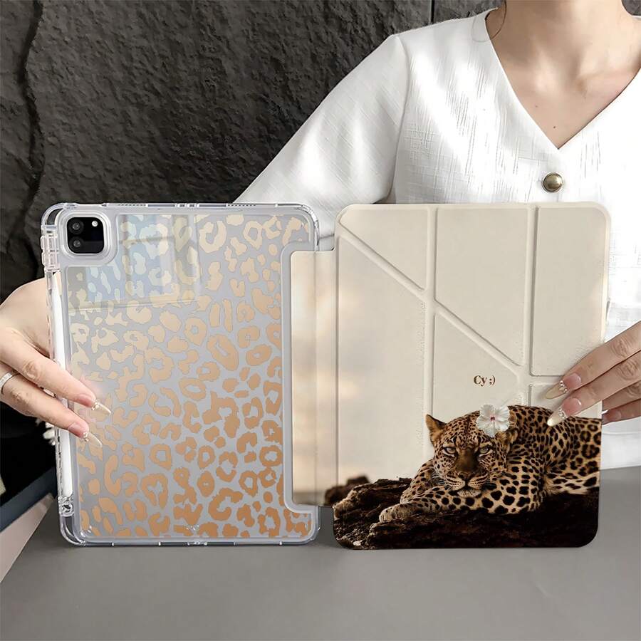 1pc Neutral Beige Leopard & Floral Art Print Y-Shape Tri-Fold Tablet Protective Case, Built-In Pencil Slot, Transparent Back Cover With Pencil Holder, Multi-Angle Stand, Compatible With IPad 10.9/10.2/Air 5/Pro 11/10/9.7/Air 2/7/8/Air 4/5/Air 13/11(A16 2025), Compatible With Oppo Pad, Compatible With Huawei MatePad, Compatible With Honor Tablet