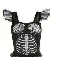 Young Girls Black Horror Skeleton Mermaid Dress For Halloween Costume, Paired With Crown, Magic Wand, Skeleton Gloves, Necklace, Bracelet, Earrings, And Ring For Halloween Party, Carnival, Friends Gathering, Birthday Party, Stage Performance And Other Major Festivals - Black - View 3