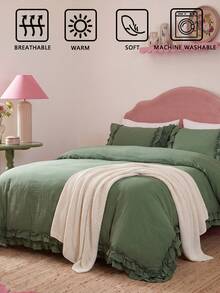 2/3pcs Double Layer Ruffle Edge Army Green Solid Color Duvet Cover Set (1 Duvet Cover + 1/2 Pillowcases, Without Fill), Fresh Pastoral Style, Polyester Fiber, Suitable For Bedroom, Excellent Gift Choice, Comfortable Bedding, Country Style, Soft Tones, Popular Home Decor - Army Green - View 6