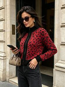 Women's Contrast Leopard Print Mock Neck Zip Long Sleeve Fall/Winter Fashion Versatile Knit Cardigan – Retro Street Sweater Coat - Red - View 7