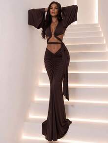 Top Dazzle Women's Sexy Deep V-Neck Ring Decor 2-Piece Set, Long Sleeve Hollow Out Cropped Top With Ruched Maxi Skirt, Suitable For Party - Brown - View 8