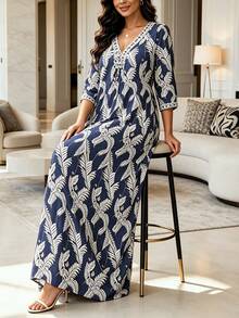Gaun Motif Longgar Warna Kontras Leher V Terlaris Terbaru Musim Semi/Gugur - Biru laut - View 4