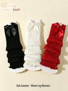 3 Pairs Girls Bowknot Decorated Vertical Striped Spring Autumn Leg Warmers, Knitted Leg Warmers Slouch Leg Warmers - Multicolor - View 9