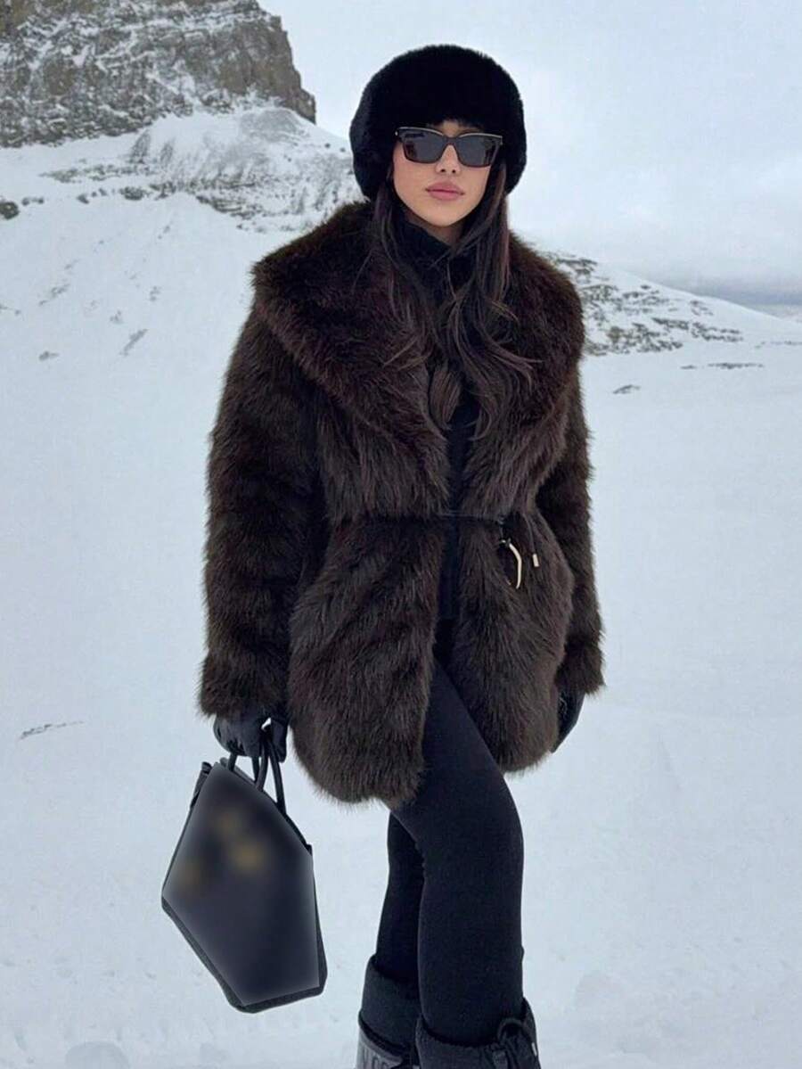 Lapel Tie Faux Fur Mid-Length Coat - Brown - View 1