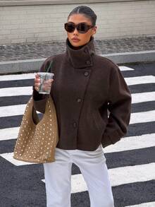Women's Autumn/Winter New European & American Style Fashion Minimalist Versatile Stand Collar Stand Collar Wool Short Jacket Brown - Brown - View 2
