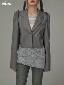 CHUU Letter Print Loose Fit Frill Trim Long Sleeve Casual Blazer Short Jacket For Women, Autumn - Grey - View 3