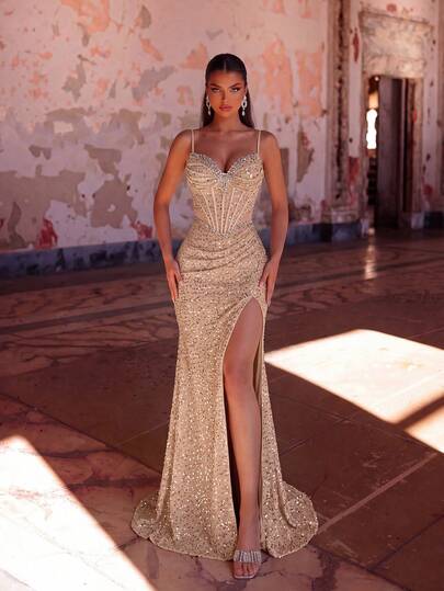 ADYCE Elegant Spaghetti Strap Cinched Waist Backless Fitted Tie-Up Sequin Boning High Slit Evening Gown Fall