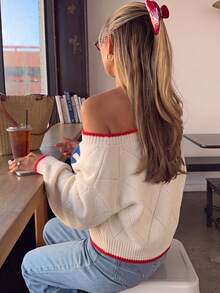 Sweater Rajut Wanita Model Pullover, Motif Berlian, Lengan Panjang Mengembang, Atasan Pendek dengan Trim Kontras, Cocok untuk Dipakai di Musim Gugur/Musim Dingin - Aprikot - View 3