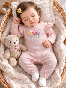 Set Baju Terusan Bayi Perempuan Baru Lahir Lengan Panjang dengan Tali Ruffle dan Dekorasi Bunga Rajutan 3D Warna Pink Bertekstur, Pakaian Pemotretan Bayi yang Manis - Berwarna merah muda - View 1