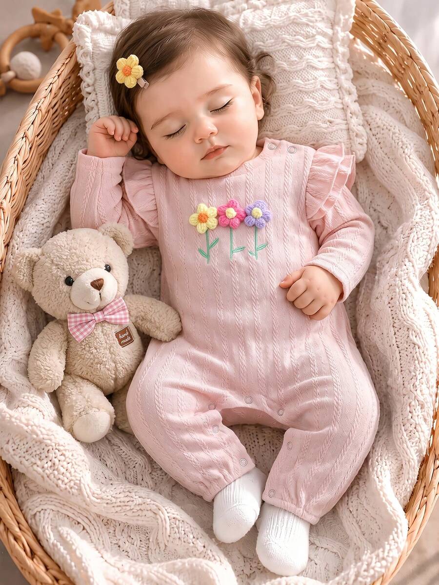 Set Baju Terusan Bayi Perempuan Baru Lahir Lengan Panjang dengan Tali Ruffle dan Dekorasi Bunga Rajutan 3D Warna Pink Bertekstur, Pakaian Pemotretan Bayi yang Manis - Berwarna merah muda - View 1