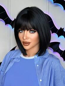 NAMM 12-Inch Black Bob Wig Elegant Short Straight Wig With Bangs, High Density Fluffy Heat-Resistant Synthetic Fiber Wig For Daily Wear, Halloween & Carnival Party Use - Natural Black - View 2