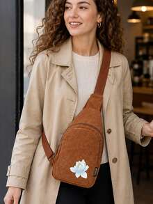 Embroidered Lotus Pattern Crossbody Bag, Unique Printed Corduroy Crossbody Bag, Adjustable Shoulder Strap, Perfect For School, Travel And Leisure - Multicolor - View 7