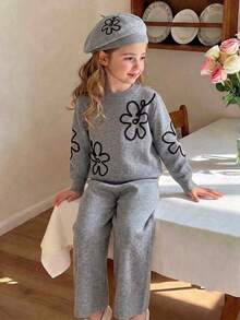 2pcs/Set 1pc Girls Cute Embroidered Flower Knit Sweater Pullover And 1pc Solid Color Knit Pants Set, Suitable For Daily Casual Wear In Spring, Autumn And Winter - Grey - View 3