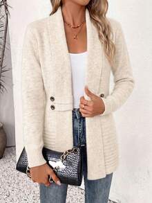 Women's Apricot Open Front Large Lapel Knit Cardigan Sweater, Long Sleeve Mid-Length, Decorative Double-Breasted Buttons, Autumn/Winter Outerwear - Floral Apricot - View 3