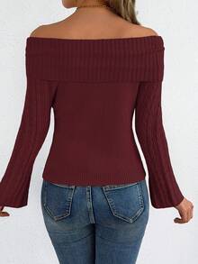 Autumn/Winter Elegant Open Shoulder Cable Knit Flare Sleeve Solid Color Women's Sweater Daily Knit Top - Burgundy - View 2