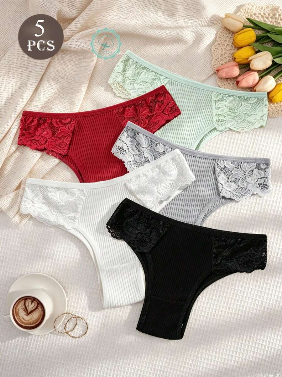 5件組女款純色蕾絲設計柔軟棉質巴西式內褲 - 彩色 - 查看 1