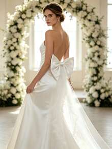 Satin 3D Large Bow Mesh Train Back Decor Wedding Dress Atmosphere Decorative Waist Belt - White - View 3