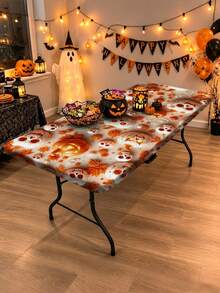 1pc Halloween Elastic Rectangular Tablecloth, Full Moon Haunted House Pumpkin Ghost Print, Outdoor Patio Party, Halloween Popular Decoration, Holiday Banquet Table Protector - A - View 3