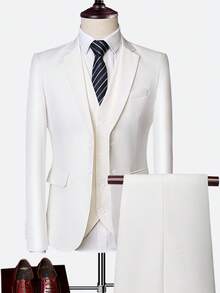 Men's 3 Pieces Solid Color Suit Set, Slim Fit Blazer, Vest, Trousers, Formal Business Wedding Party Ball Suit, Multiple Colors - White - View 3