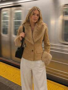 Autumn/Winter Lapel Long Sleeve Pocket Warm Faux Fur Coat - Khaki - View 2