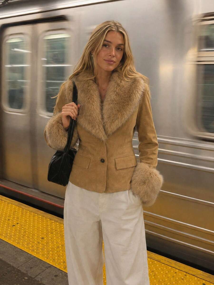 Autumn/Winter Lapel Long Sleeve Pocket Warm Faux Fur Coat