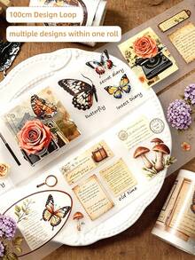 DANKUN 1 Roll 2m/Roll Vintage Floral Butterfly Wide Matte PET Sticker Roll, 1200dpi High Definition Decorative Wide Washi Tape, Suitable For Junk Journal DIY Handmade Collage Stationery Planner Notebook Scrapbook Accessories Stickers, Aesthetic Style - Scrapbook Stickers - View 4