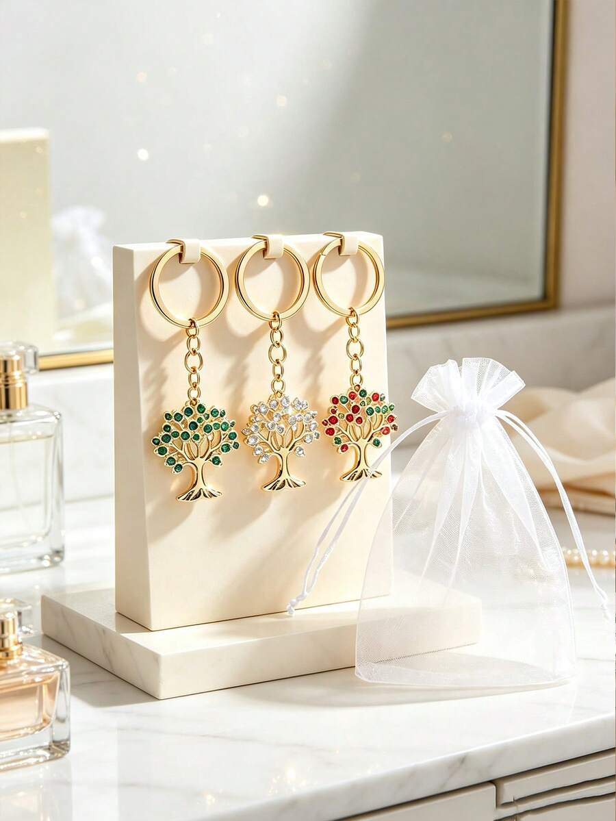 Luxury Rhinestone Tree Of Life Keychain, Bag Charm Pendant, Multi-Color Full Rhinestone Design, Gold Alloy Tree-Shaped Pendant Exquisite And Sparkling. Paired With Large Metal Key Ring, Sturdy Chain Resistant To Breaking, Suitable For Bags, Car Keys, Backpacks. Symbolizes Lucky Money Tree, Compact And Portable, Ideal For Gifts Or Personal Use, Ins Style Versatile Accessory, Holiday Gift Choice. - Multicolor - View 1