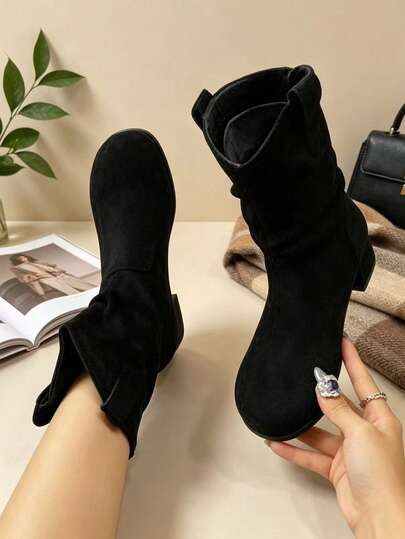 Botas Vintage Maillard Fruncidas Hasta la Pantorrilla Para Mujeres, Otoño/Invierno, Desplazamiento, Compras, Viajes, Casual, Botas de Tobillo Planas Versátiles, Botas Marrones, Botas Negras