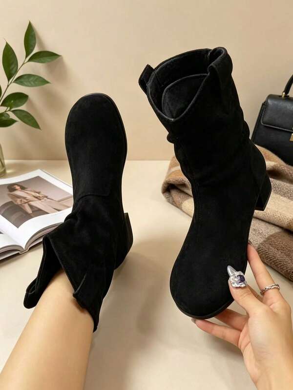 Bottes mi-mollet vintage Maillard plissées pour femmes, automne/hiver, trajets, shopping, voyage, décontracté, bottines plates polyvalentes, bottes marron, bottes noires
