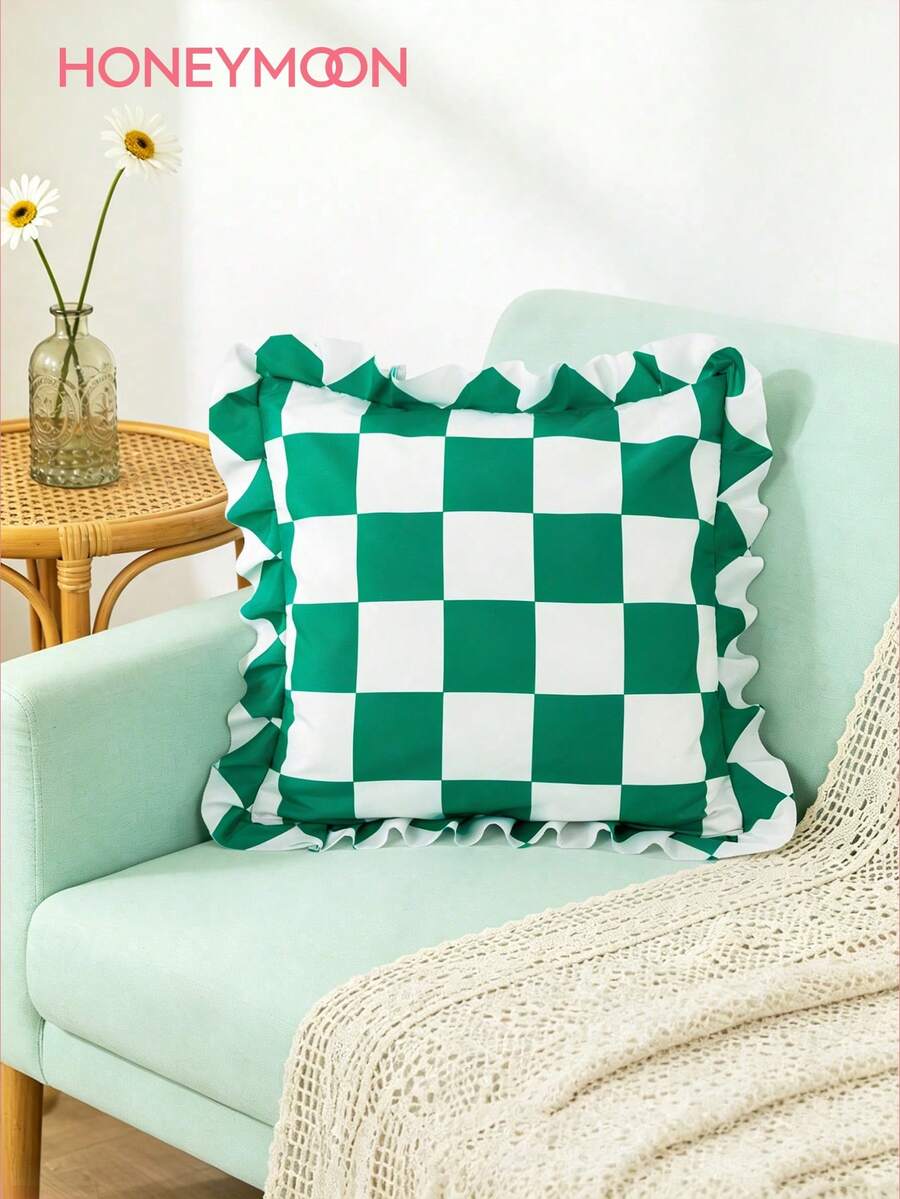 1 pieza Funda de almohada con borde de volantes estampada - Tela de terciopelo de poliéster con estampado de cuadros, suave y transpirable, resistente a las arrugas, sin relleno de almohada - Adecuada para el hogar y dormitorios tamaños T/F/Q/K - Multicolor - Ver 1