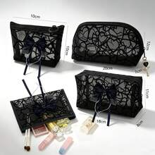 Black Mesh Multi-Purpose Storage Bag, Heart Pattern Makeup Bag With Elegant Bow Decoration, Lightweight Portable Zipper Storage Bag, Suitable For Travel, Toiletries, Small Accessories, Stationery, Makeup Brushes, Daily Practical Handheld Storage Bag Gift - Multicolor - View 9