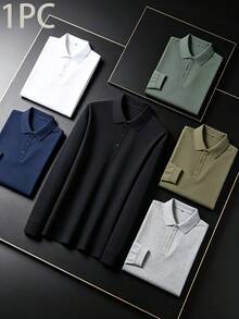 Men's Solid Black Knit Fabric Long Sleeve Polo Shirt With Turn-Down Collar, Soft And Comfortable Casual Basic Style - Black - View 1