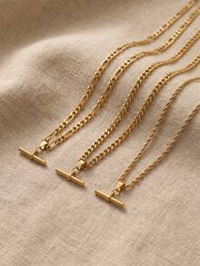 1pc Vintage Gold T-Bar Pendant Necklace Chain, Cuban Link Geometric Cylinder Pendant Necklace, Layering Jewelry Accessory - Gold - View 3